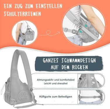 Dog-friendly sling carriers, hands-free travel bag for small pets with adjustable straps, hardboard base, safety belt, for dogs up to 2.8kg, wider version, gray