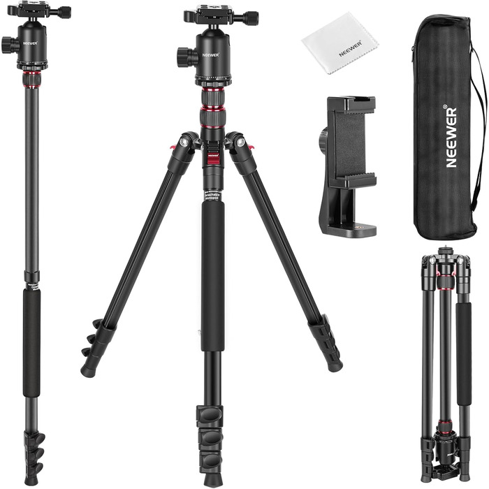 Штатив NEEWER 77' з моноподом: алюмінієвий, для DSLR та смартфонів, з кульковою головкою 360° та QR-пластиною, портативний, витримує до 15,4 кг