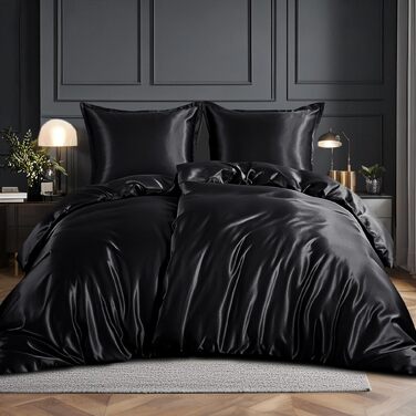 Комплект сатиновиї постільної білизни RUIKASI 200x200 см, розмір 135x200 см, 4 предмети, чорний — шовковистий люксовий набір для волосся та шкіри з блиском та блискавкою, піднарядник та наволочка 80x80 см
