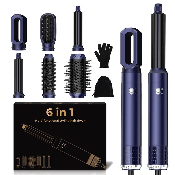 Мультистайлер для волосся 6-в-1 Pro: фен, плойка, щітка, випрямляч, Airflow, подарунок для жінок (Темно-синій)