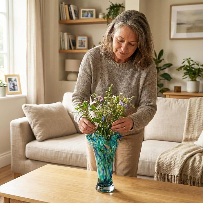 Скляна ваза для квітів, ручної роботи, зелена, для дому та декору, 22.9 см, відтінок блакитно-зелений 