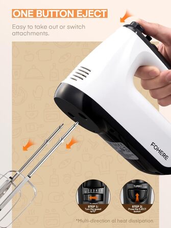 Електричний ручний міксер 400 Вт з 6 швидкостями та Turbo Boost, з набором аксесуарів, нержавіюча сталь, білий