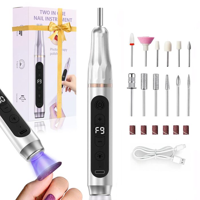 Портативний фрезер для нігтів бездротовий 12 в 1 Професійний електричний набір для манікюру та педикюру USB, перезаряжається, 9 швидкостей, 20000 об/хв, срібний