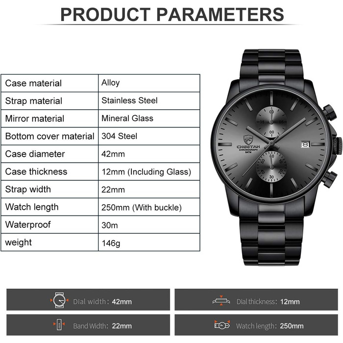 Чоловічий годинник-хронограф з нержавіючої сталі та металу, водонепроникний, з авто-датою та кольоровими стрілками (сірий)