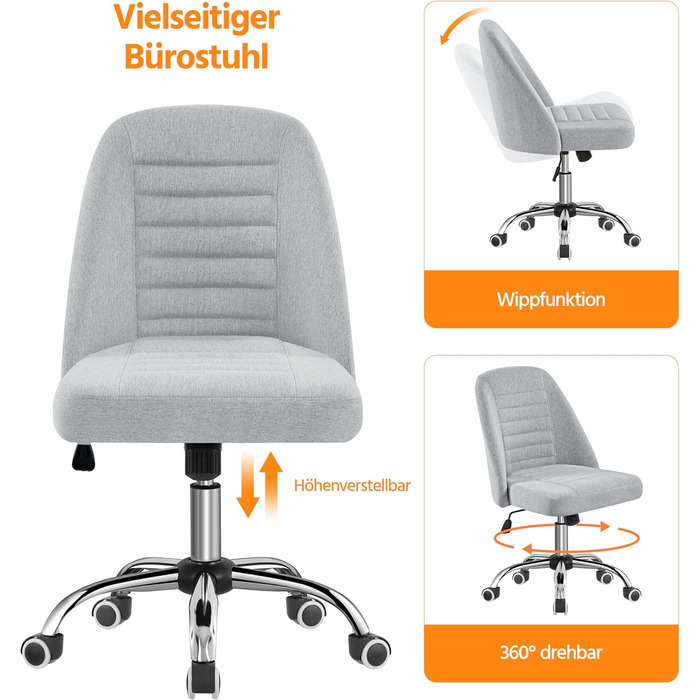 Офісне крісло Yaheetech без підлокітників, обертове з роликами, регульоване по висоті, для роботи та макіяжу (сірий, тканина)
