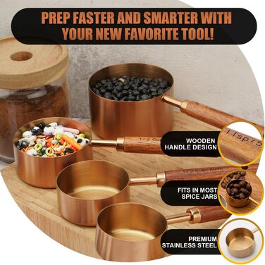 Gold Measuring Cup and Spoon Set with Wooden Handles, Premium Stainless Steel Measuring Spoons and Cups Set, for Cooking and Baking in the Kitchen (Bronze)