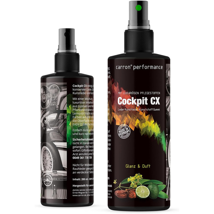 Cockpit CX Spray for cleaning and care of leather, faux leather, plastics, and rubber with jojoba oil, lemon oil, and carnauba wax (Original)