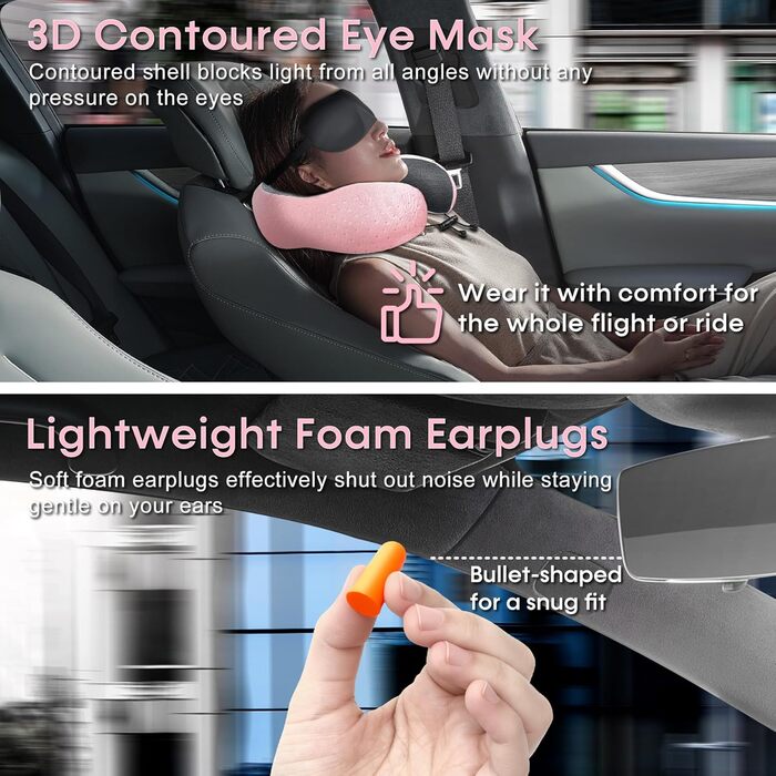 Подушка для шиї у літак - Подорожня подушка з Memory Foam - Подушка-вишенка з м'яким, дихаючим чохлом - Ідеально для кемпінгу, офісу, авто, літака, подушка для сну (Рожева)