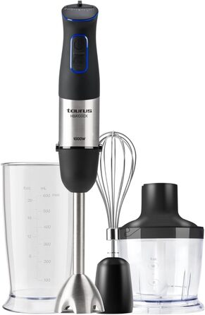 Стабілізатор Taurus Stabmixer 1000W: 20 швидкостей, турбо-функція, 4 леза з нержавіючої сталі, ергономічний дизайн, захист від бризок, аксесуари, нержавіюча сталь, пластик, срібно-чорний