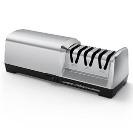 Електричний точило для ножів професійний 3-ступеневий з захистом від перегріву, тихий мотор, швидке заточування для кухонних ножів (срібний)