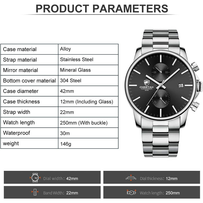 Чоловічий хронограф: водостійкий годинник з нержавіючої сталі та металу з авто-датою, кварцовий механізм, кольорові стрілки (срібло та чорний)