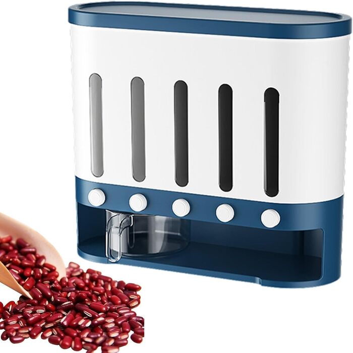 Traveler Dispenser with 5 Compartments, Wall-Mounted Cereal Dispenser, 9 kg, Thickened Container, Moisture-Resistant, Grain Container, Bucket, Rotating Food Dispenser, Household Kitchen, Candy Dispenser