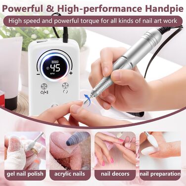 Професійний портативний фрезер для нігтів 45000 об/хв з LCD-дисплеєм - для акрилу та гелю, 11 насадок, рожевий/білий