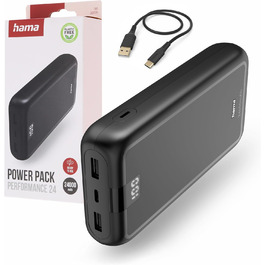 Powerbank Hama Performance 10 24000mAh: зовнішній акумулятор з USB-C та 2x USB-A, сертифікований Power Pack, для телефону, планшета, Bluetooth-колонки, портативний зарядний пристрій