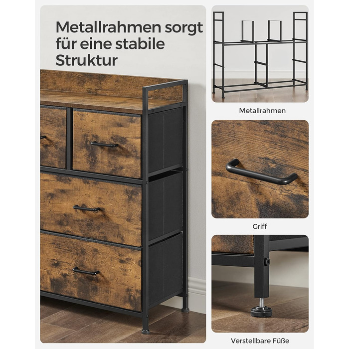 SONGMICS Chest of Drawers, Cabinet, 7 Fabric Drawers with Handles, Metal Frame, Industrial Design, Vintage Brown-Ink Black LTS137B01