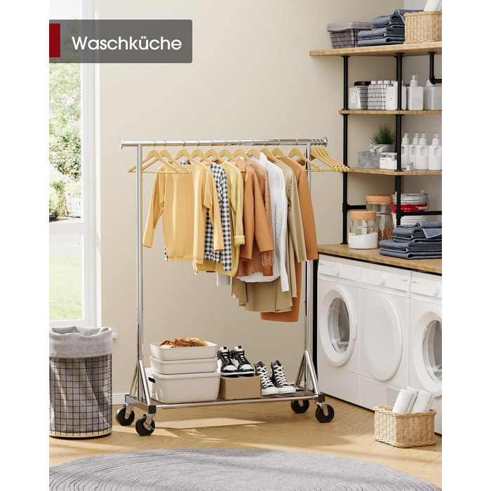 Стійка для одягу на колесах – міцна вішалка для одягу з металевої сітки, багатофункціональна стійка для гардеробу в спальню, пральню, магазин, 110 x 42 x 163.3 см, срібна