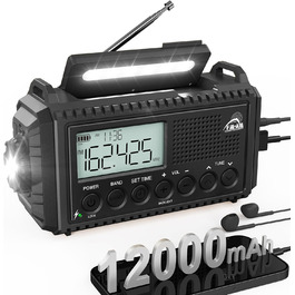 Радіо на сонячній батареї та з ручним генератором | Powerbank 12000mAh, AM/FM/SW, SOS, USB-C, IPX4, ліхтарик, для кемпінгу та відпочинку на природі (чорний)