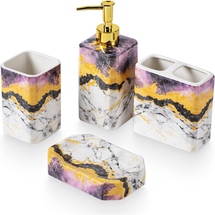 Набір аксесуарів для ванної кімнати (4 шт) – білий набір з дозатором для лосьйону, тримачем для зубних щіток, склянкою та мильницею – глянсова поверхня (мармур, білий) (фіолетовий)