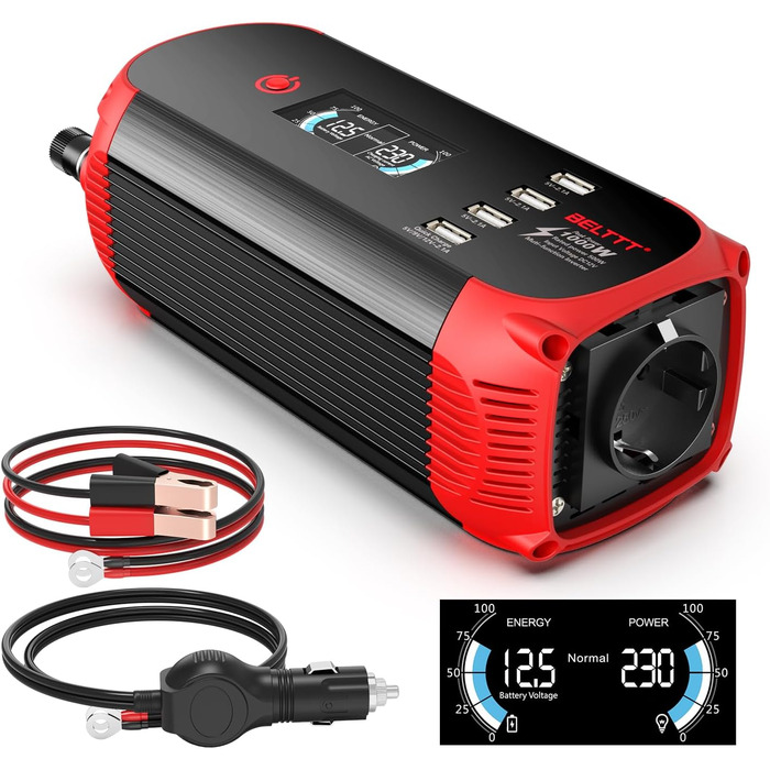 Автомобільний інвертор BELTTT 500W 12В-230В, 1000Вт пік, з LCD-дисплеєм, 4 USB, розетка EU для авто, кемпінгу, човна
