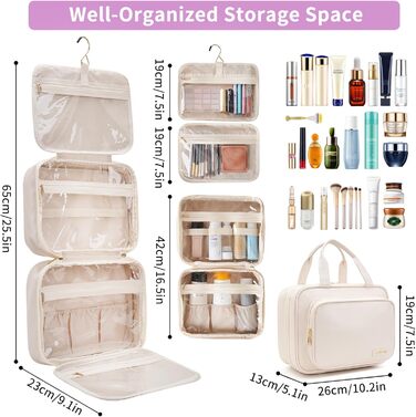 Жіноча/Чоловіча Туалетна Сумка для Подорожей з Металевим Гачком, PU-Шкіра, Велика Ємність, з Прозорим Вікном, Бежева