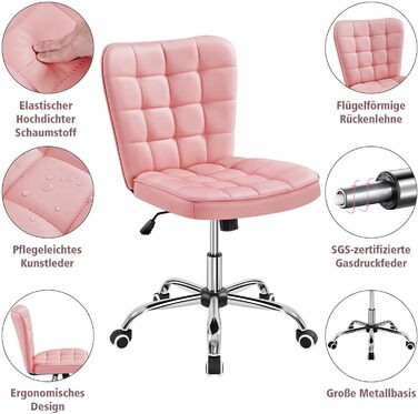 Крісло для дому та офісу Yaheetech, обертове, регульоване по висоті, без підлокітників, на коліщатках, з м'яким сидінням, штучна шкіра, рожеве
