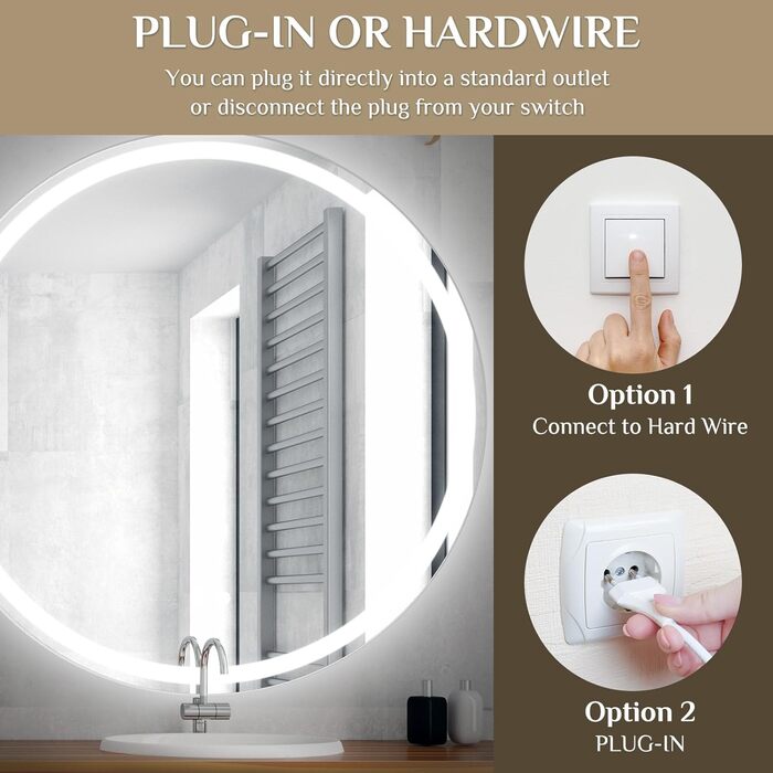 Круглий дзеркало для ванної кімнати Clevich з підсвічуванням, 80 см, сенсорне управління, протитуманне покриття, 3 кольори світла, регулювання яскравості