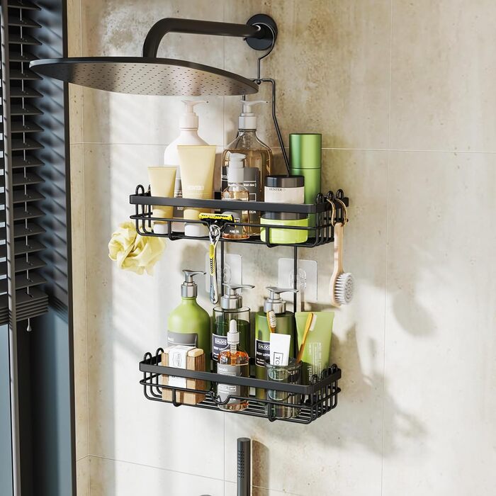 HapiRm Shower Shelf for Hanging with Razor Holder & Soap Holder, Hanging Shower Shelf with Multiple Hooks - High-Quality Hanging Shower Basket Stainless Steel No Drilling, Black