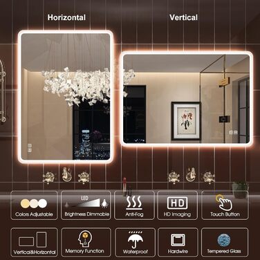 Дзеркало для ванної кімнати STARLEAD з підсвічуванням 80x60 см, регулювання яскравості, 3 колірні температури (3000K-6500K), протитуманне покриття, функція пам'яті, LED дзеркало для ванної кімнати IP44, HD скло, горизонтальне/вертикальне встановлення, M30