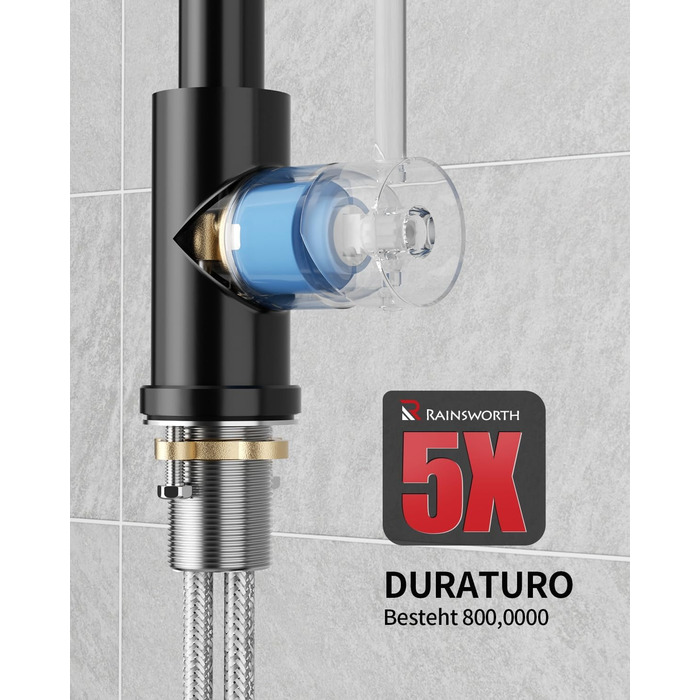 Кухонний змішувач Rainsworth з нержавіючої сталі, чорний, з висувною лійкою та двома струменями, 360° обертання, 45 см