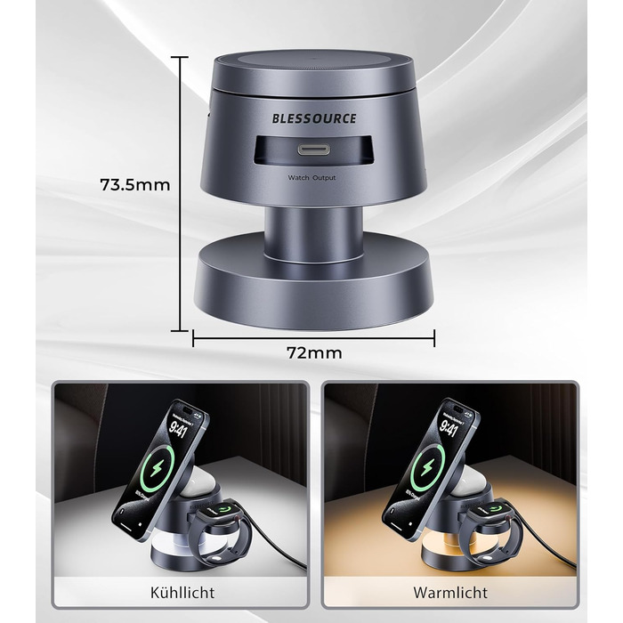 База для зарядки 4-в-1 для iPhone 17/16/15/14 Pro Max, бездротовий зарядний стан з нічним світлом, сумісний з Apple Watch та AirPods (сірий, 20W)