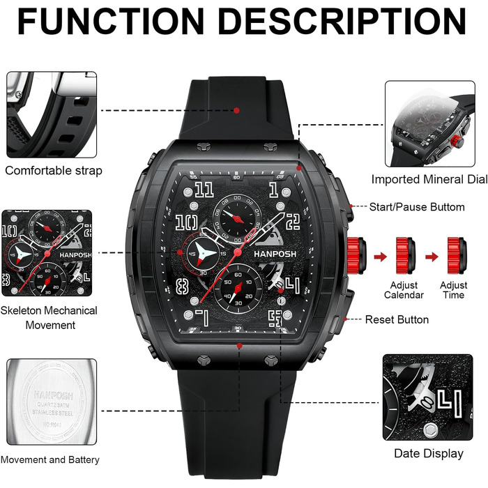 HANPOSH Чоловічий годинник: аналоговий кварцовий годинник з водозахистом, спортивний стиль, тактичний дизайн (чорний)