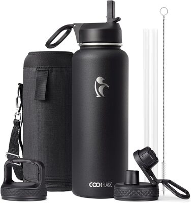 Термофляга Coolflask 1180 мл з трубою та 3 кришками, вакуумна металева пляшка для води для спорту та офісу, чорна