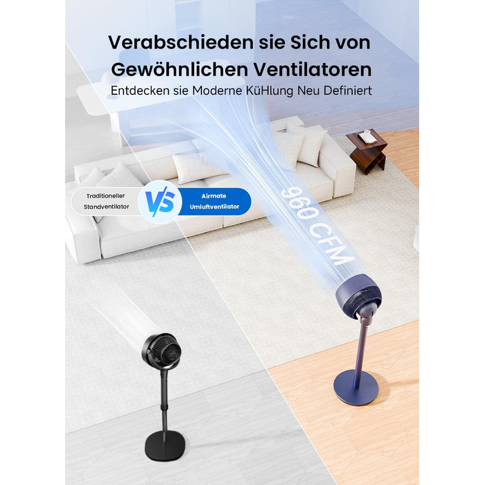 Вентилятор AIRMATE 25dB з підставкою, тихий, висока потужність 26 м, 1600 м³/год, регульована висота, з пультом керування, 3 режими/12 швидкостей/12 таймер