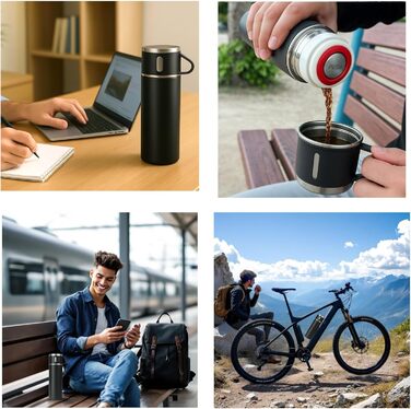 Термофляга 500 мл з нержавіючої сталі – 2 чашки з ручкою – без витоку, BPA-free – з щіткою для чищення – колір: чорний