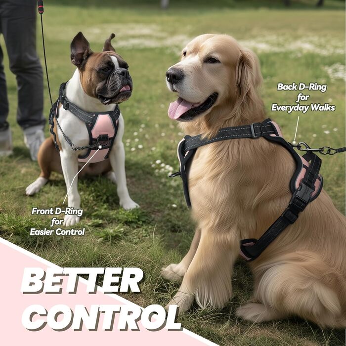 Нашийник для собак VIVAGLORY Easefit, антинатяг, з ручкою, для прогулянок та тренувань, комфортний, не дає вирватися, розмір M, колір Sakura-Rosa, обхват грудей L(64-84 см)