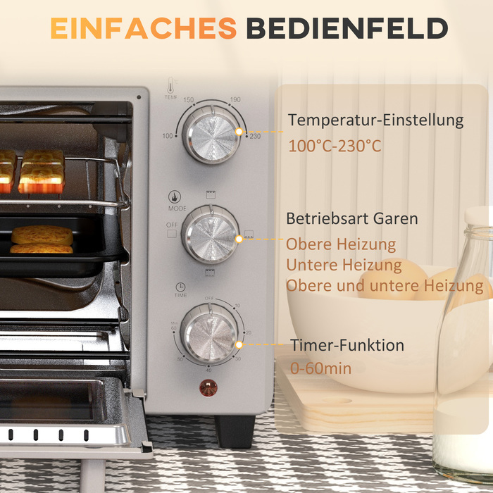 HOMCOM 21L Small Oven, 100°C-230°C, 1 Hour Timer, with 3 Cooking Modes, Wire Rack, Baking Tray, Stainless Steel, 46L x 38.5W x 29H cm, Silver | Aosom