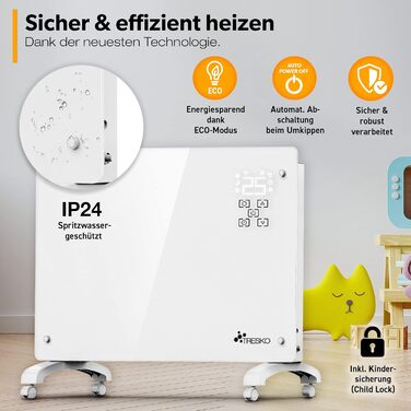 Конвектор TRESKO® 2000W з Wi-Fi, LED-дисплеєм та таймером | Електрична скляна панель опалення | Білий | 2000 Вт