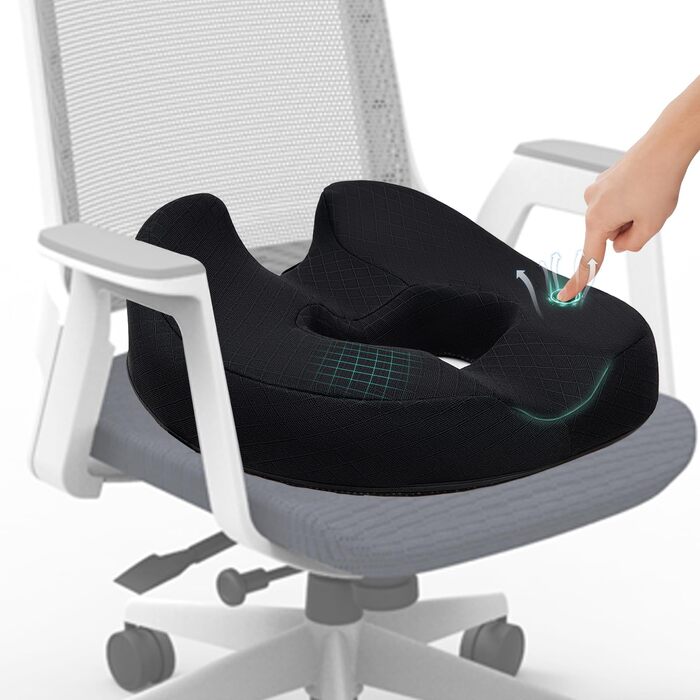 Ортопедична подушка для сидіння (кільце) для геморою та куприкового болю, подушка у формі пончика, Memory Foam, чорна, стандартна