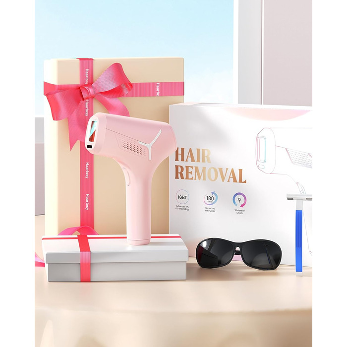 Пристрій для епіляції IPL Haarlosy - безболісна епіляція лазером, для дому, 9 рівнів, захист шкіри, для жінок та чоловіків, для обличчя, бікіні, тіла, білий (рожевий)