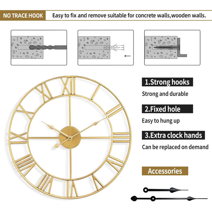 Mee 2ou Wall Clock Modern Nearly Silent Without Ticking Sounds - Diameter Roman Numerals Wall Clocks Modern Living Room Wall Clock Vintage For Bedroom Kitchen Office Country House Style Industrial Style (80CM, Gold)