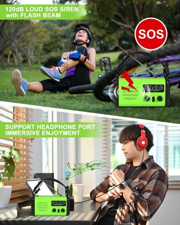 Сонячне радіо Kurbelradio з Powerbank 20000mAh, AM/FM/WB радіо, ліхтарик, зарядний пристрій USB-C, SOS-сигнал, компас, водонепроникне для відпочинку на природі, кемпінгу, екстрених ситуацій, зелений світло-зелений