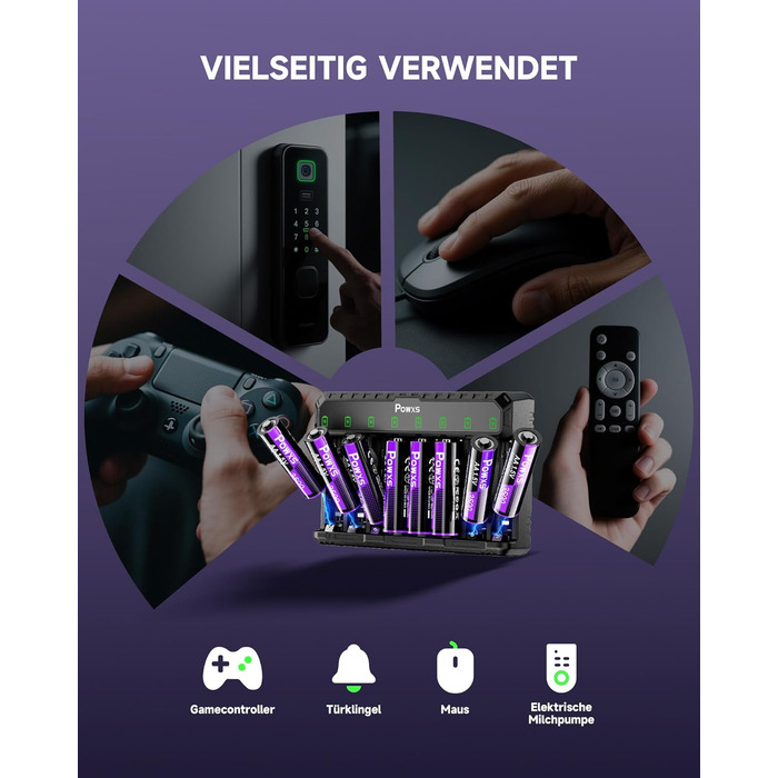 POWXS 8 x AA 3500mAh літієві акумулятори з 8-портовим швидким зарядним пристроєм з LCD-дисплеєм | Швидка зарядка та стабільна напруга 1.5V | Для геймпадів, LED-ліхтарів, пульт дистанційного керування