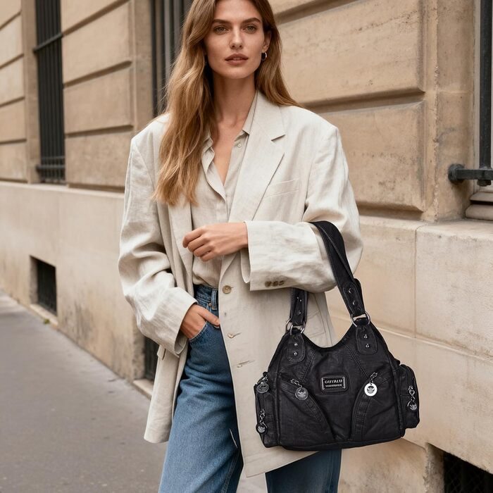 Сумка жіноча TIAASTAP Klein City Bag вінтаж чорна шкіряна через плече Hobo Bag з багатьма відділеннями