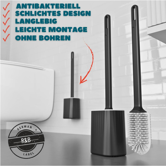 Силіконова щітка для унітазу R&B German Label – плоска, з кріпленням на стіну без свердління, з довгим руків'ям та швидковисихаючим контейнером – для миття унітазу та бордюру – білий/чорний (чорний/сірий)