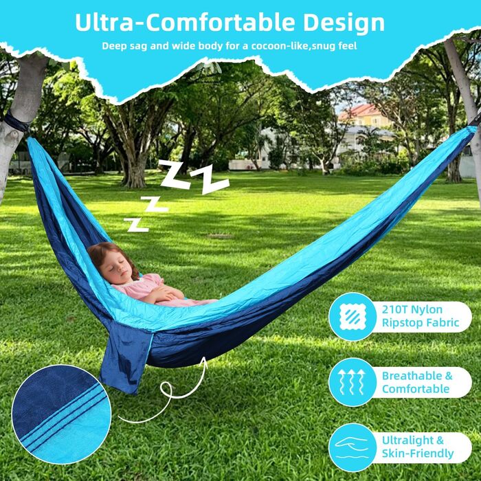 Гамак для відпочинку на природі: міцний, легкий, для кемпінгу, 300 кг, 300x200 см, односпальний/двоспальний, з нейлону, дихаючий, зелений/блакитний