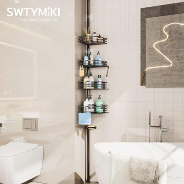 Поличка для душу SWTYMIKI без свердління, кутова, телескопічна, з 4 кошиками, з нержавіючої сталі (70-267см, чорна)