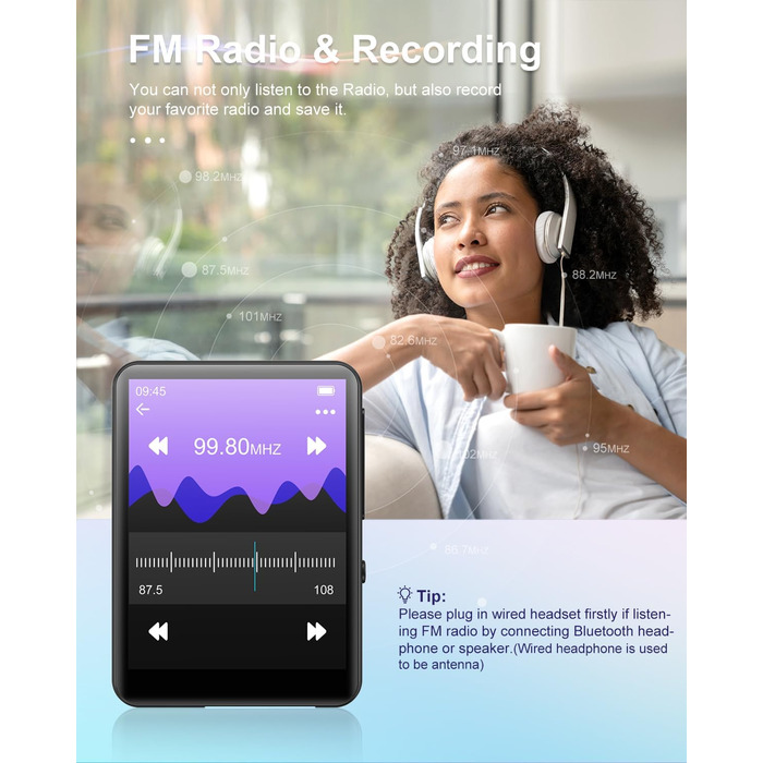 MP3 плеєр 64GB Bluetooth 5.3 HiFi з металевим корпусом, радіо FM, диктофон, сенсорний екран 2.4