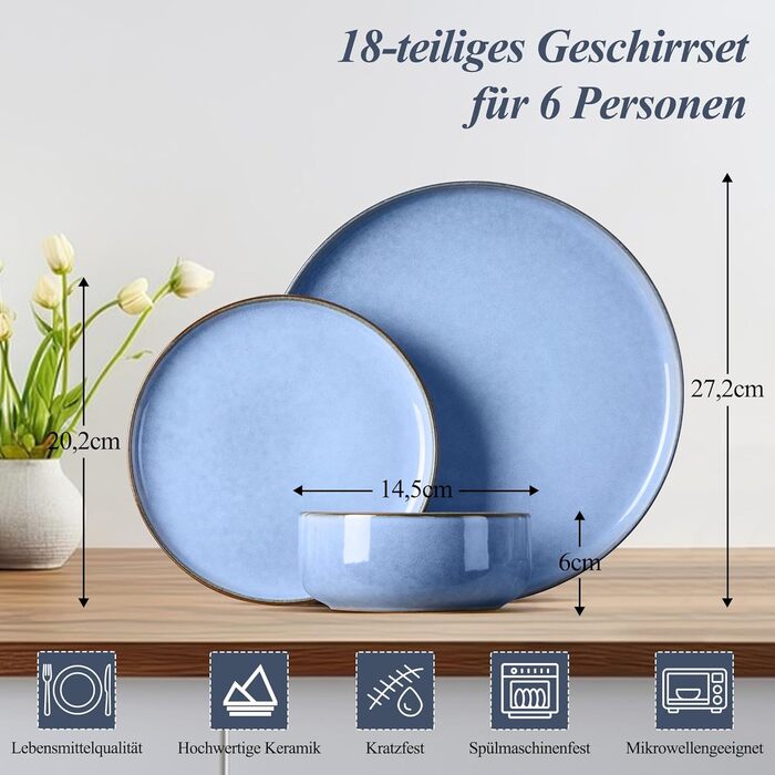 Набір посуду Joyfair на 6 осіб, 18 предметів: тарілки для їжі, десертні тарілки, миски для каші, з реактивною глазур'ю, для мікрохвильової печі та посудомийної машини (Ozean Blau)