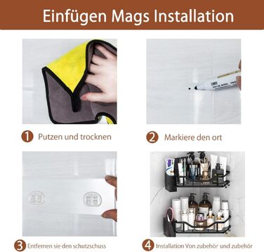 Поличка для душу без свердління, кутова, 2 шт., органайзер для ванної кімнати з 4 гачками, чорний. Підставка для шампуню та аксесуарів для душу