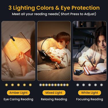LED лампа для читання з кліпсою, захист очей, 6 LED, 3 режими яскравості (теплий/холодний/білий), USB перезарядна, 360° регульована, для читання, ліжка, офісу, подорожей, чорна